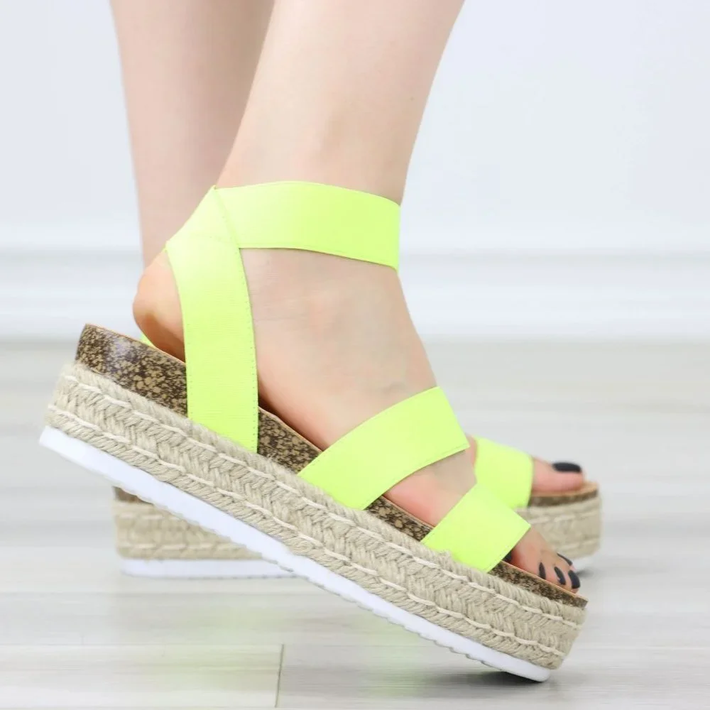 Neon Yellow Elastic Strappy Sandals Espadrille Platform Heel - Picture 7 of 11